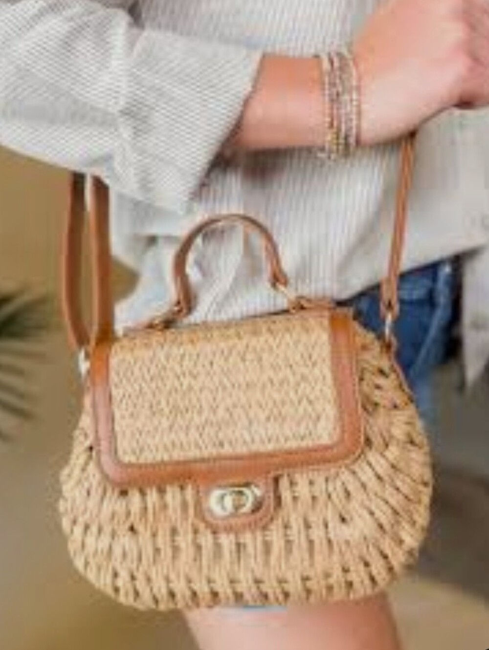 LA TERRE Woven Straw Crossbody Bag with Top Handle - Tan